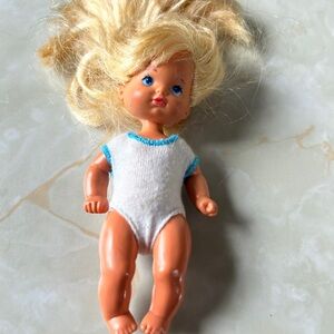 Vintage 1976 Mattel mini doll with bodysuit made in Indonesia.